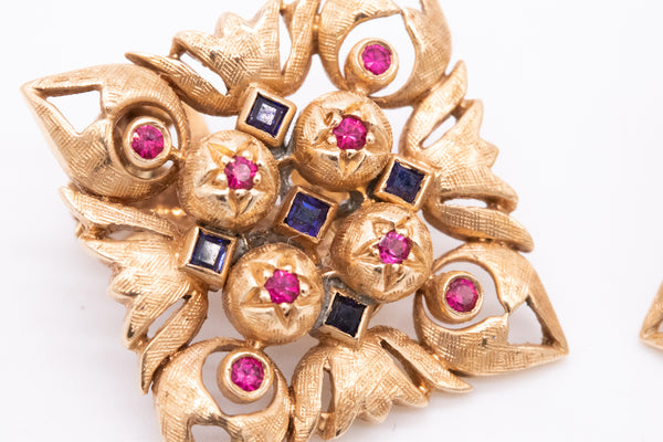 Italian Florentine Renaissance Clips Earrings In 18Kt Yellow Gold With Rubies And Sapphires