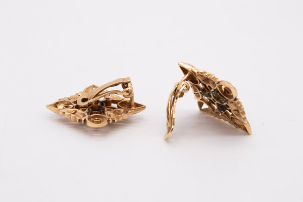 Italian Florentine Renaissance Clips Earrings In 18Kt Yellow Gold With Rubies And Sapphires