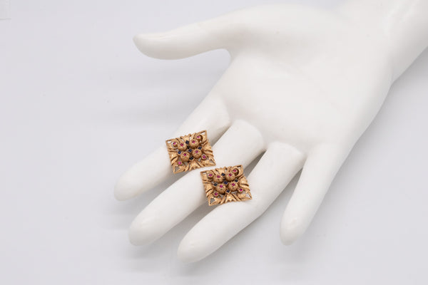Italian Florentine Renaissance Clips Earrings In 18Kt Yellow Gold With Rubies And Sapphires