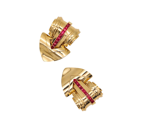 Tiffany And Co. 1940 Art Deco Retro Dress Clips In 14Kt Yellow Gold With 2.70 Cts Rubies