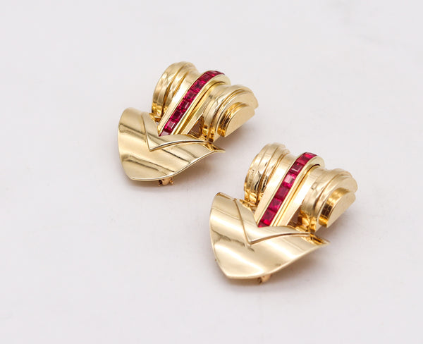 Tiffany And Co. 1940 Art Deco Retro Dress Clips In 14Kt Yellow Gold With 2.70 Cts Rubies