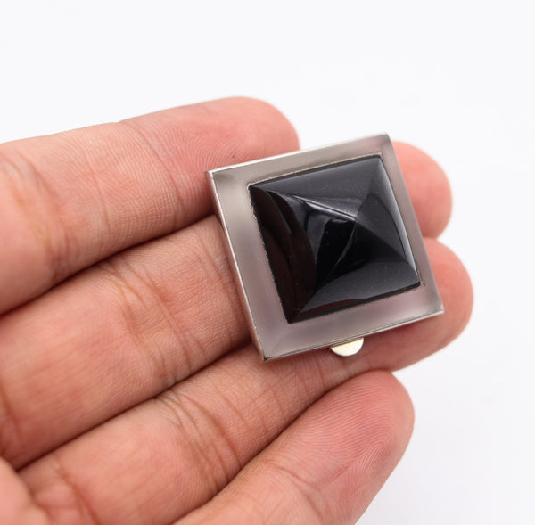 FRENCH 1930 Paris Art Deco Pyramid Rock Quartz Clip Platinum 18Kt Gold With Onyx