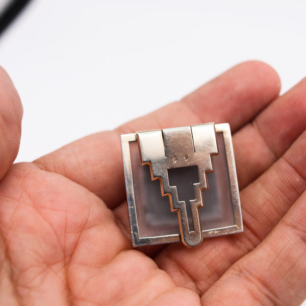 FRENCH 1930 Paris Art Deco Pyramid Rock Quartz Clip Platinum 18Kt Gold With Onyx