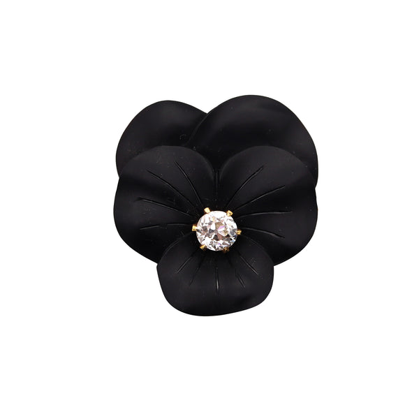 French 1900 Edwardian Art Nouveau Black Onyx Flower Clip In 18Kt Gold With Diamond