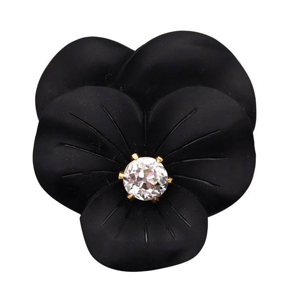 French 1900 Edwardian Art Nouveau Black Onyx Flower Clip In 18Kt Gold With Diamond