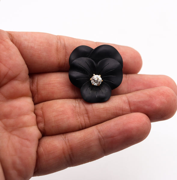 French 1900 Edwardian Art Nouveau Black Onyx Flower Clip In 18Kt Gold With Diamond