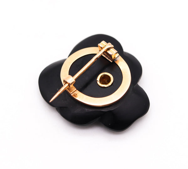 French 1900 Edwardian Art Nouveau Black Onyx Flower Clip In 18Kt Gold With Diamond