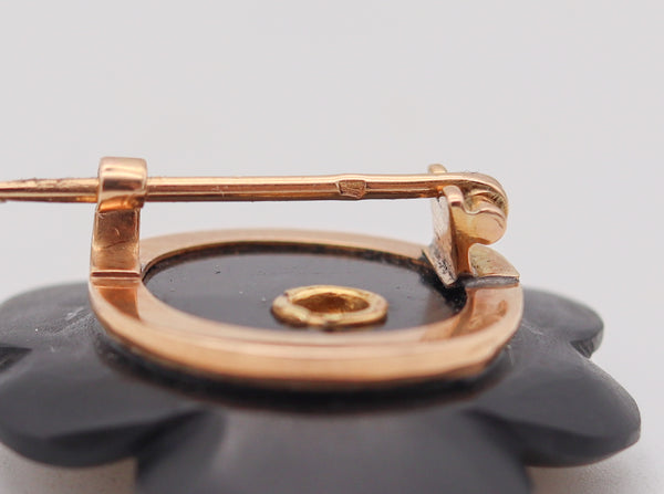 French 1900 Edwardian Art Nouveau Black Onyx Flower Clip In 18Kt Gold With Diamond