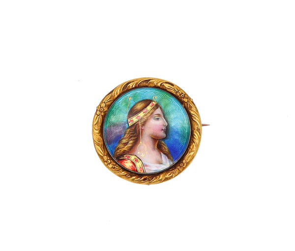 Meyle Mayer Pforzheim 1895 German Art Nouveau Enamel Brooch In 18Kt Gold With Portrait Of Diana