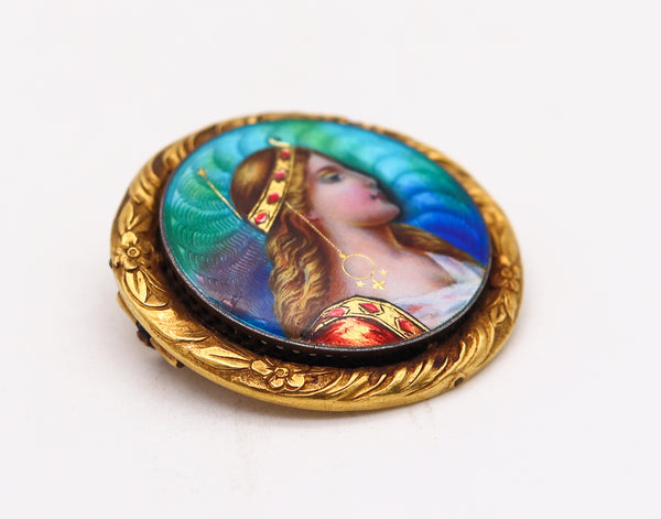 Meyle Mayer Pforzheim 1895 German Art Nouveau Enamel Brooch In 18Kt Gold With Portrait Of Diana