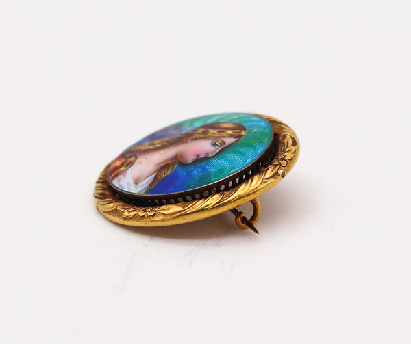 Meyle Mayer Pforzheim 1895 German Art Nouveau Enamel Brooch In 18Kt Gold With Portrait Of Diana