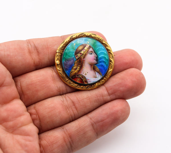 Meyle Mayer Pforzheim 1895 German Art Nouveau Enamel Brooch In 18Kt Gold With Portrait Of Diana