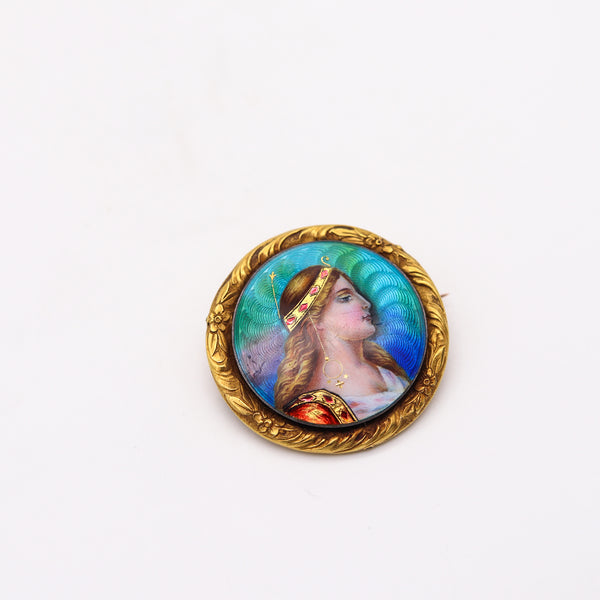 Meyle Mayer Pforzheim 1895 German Art Nouveau Enamel Brooch In 18Kt Gold With Portrait Of Diana