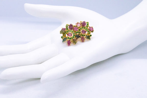 RARE 22 KT EARRINGS WITH 41.60 Ctw TOURMALINE CARVINGS & EMERALDS