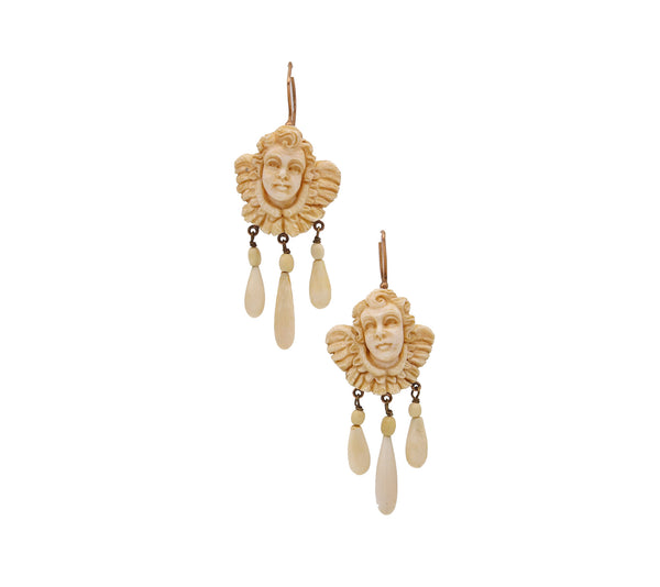 French 1820 Pair Of Dangle Drop Earrings In 18Kt Gold With Cherubs Carvings