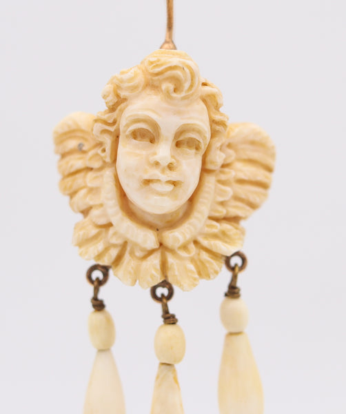 French 1820 Pair Of Dangle Drop Earrings In 18Kt Gold With Cherubs Carvings