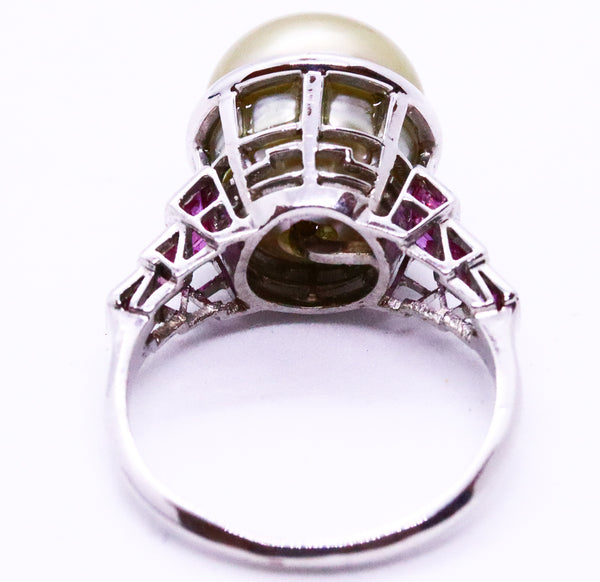 ART DECO PLATINUM 1930 RING WITH NATURAL PEARL & RUBY GEMSTONES