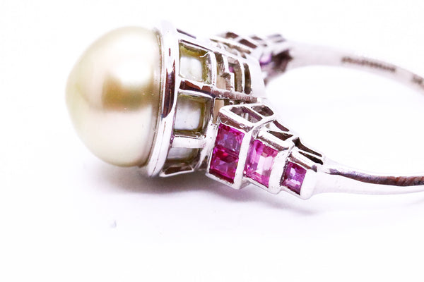 ART DECO PLATINUM 1930 RING WITH NATURAL PEARL & RUBY GEMSTONES