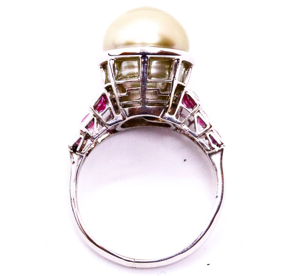 ART DECO PLATINUM 1930 RING WITH NATURAL PEARL & RUBY GEMSTONES