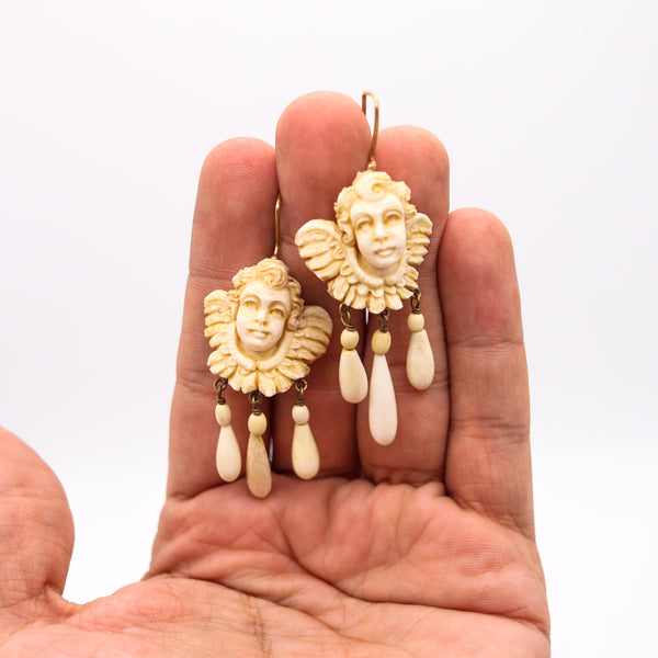 French 1820 Pair Of Dangle Drop Earrings In 18Kt Gold With Cherubs Carvings