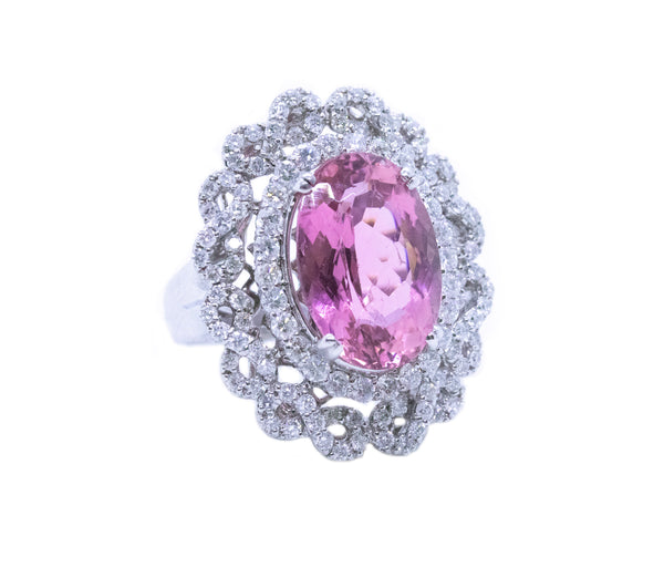 CLASSICAL 18 KT RING WITH 10.98 Cts. DIAMONDS & PINK TOURMALINE