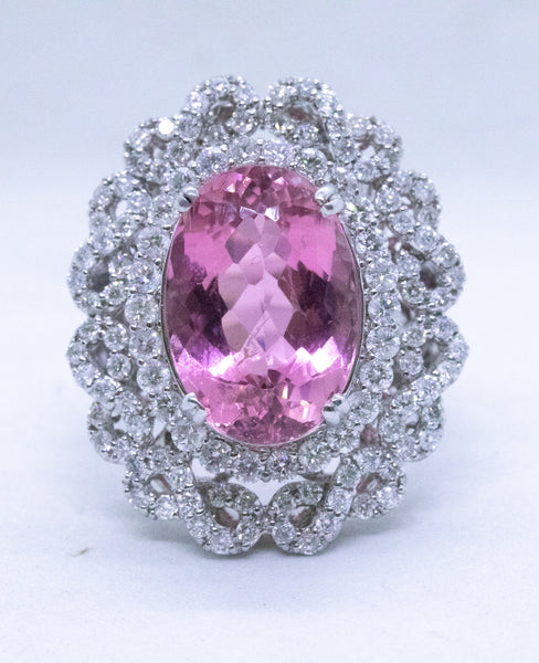 CLASSICAL 18 KT RING WITH 10.98 Cts. DIAMONDS & PINK TOURMALINE
