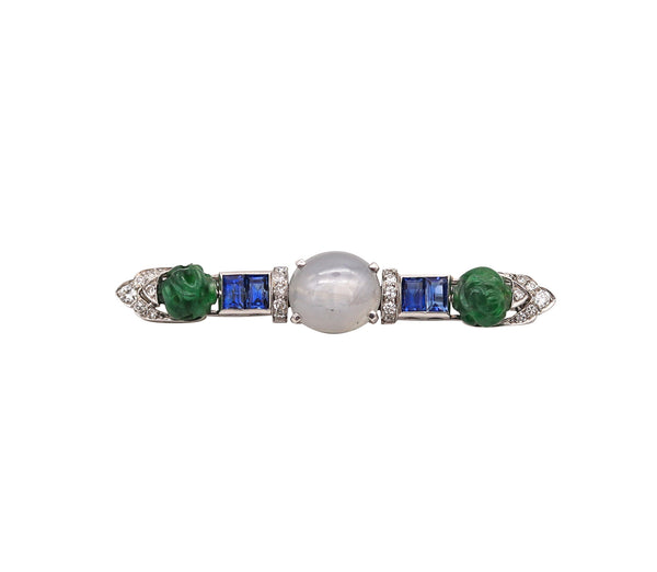 Wedderien 1928 Art Deco Carved Jade Clip In Platinum With 12.51 Cts In Diamonds And Sapphires