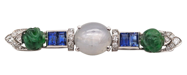 Wedderien 1928 Art Deco Carved Jade Clip In Platinum With 12.51 Cts In Diamonds And Sapphires