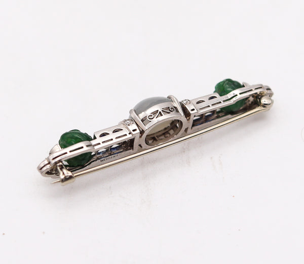 Wedderien 1928 Art Deco Carved Jade Clip In Platinum With 12.51 Cts In Diamonds And Sapphires