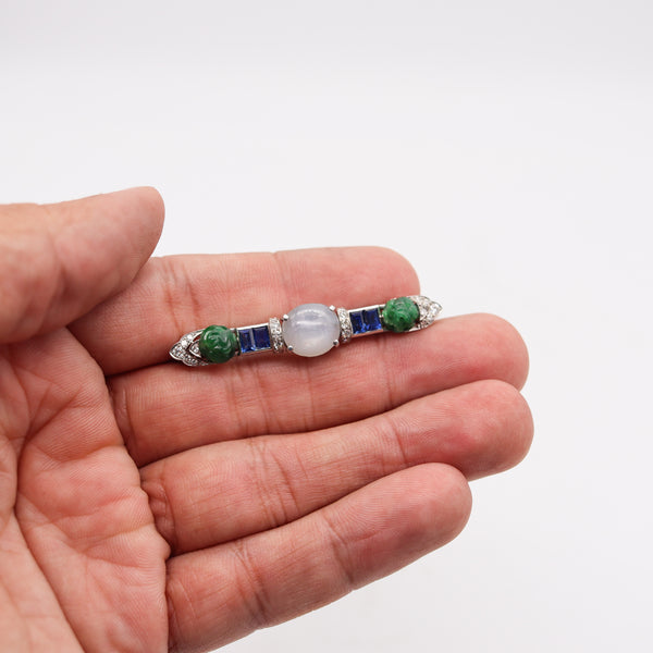 Wedderien 1928 Art Deco Carved Jade Clip In Platinum With 12.51 Cts In Diamonds And Sapphires