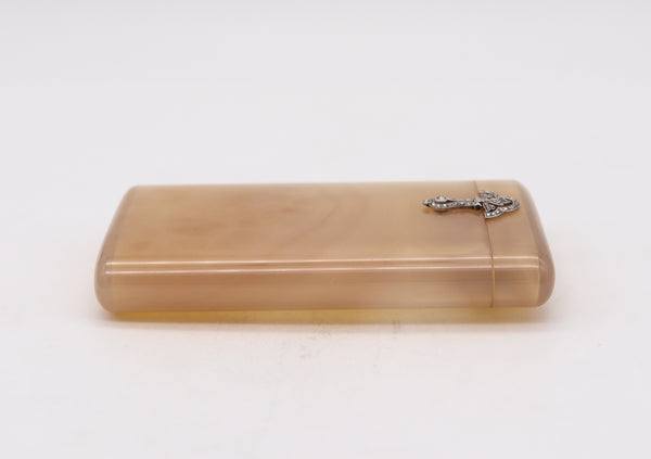 French Ghiso Paris 1920 Art Deco Cards Case Box In Agate And Diamonds Mounted In Platinum