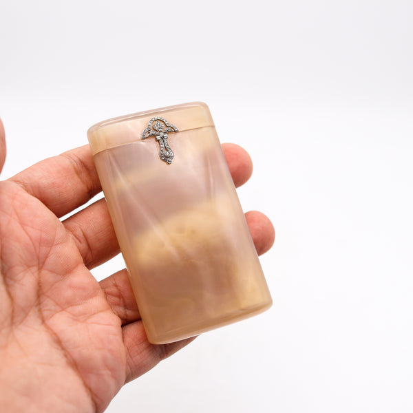 French Ghiso Paris 1920 Art Deco Cards Case Box In Agate And Diamonds Mounted In Platinum