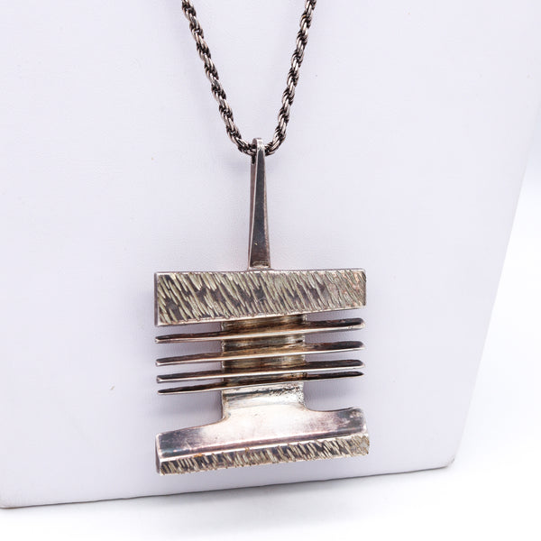 Scandinavian Artist Jine 1970 Geometric Pendant Necklace In .925 Sterling Silver