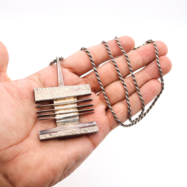 Scandinavian Artist Jine 1970 Geometric Pendant Necklace In .925 Sterling Silver