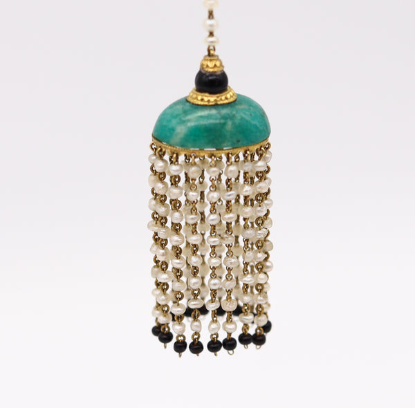 French Art Deco 1920 Dangle Tassels Earrings In 18Kt Gold With Jade And Pearls