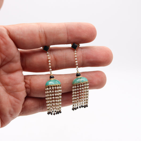 French Art Deco 1920 Dangle Tassels Earrings In 18Kt Gold With Jade And Pearls