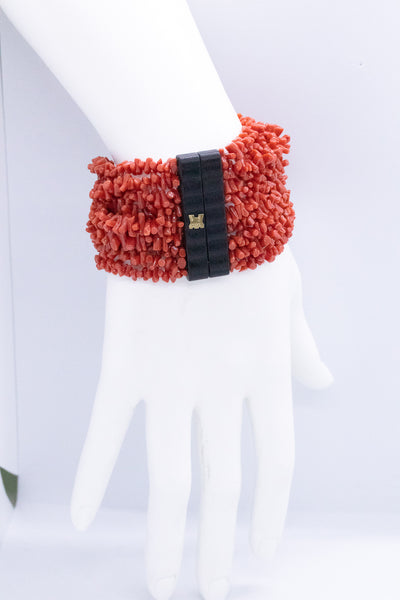 RAJOLA ITALY 18 KT EBONY WOOD AND SARDINIA RED CORAL BRACELET