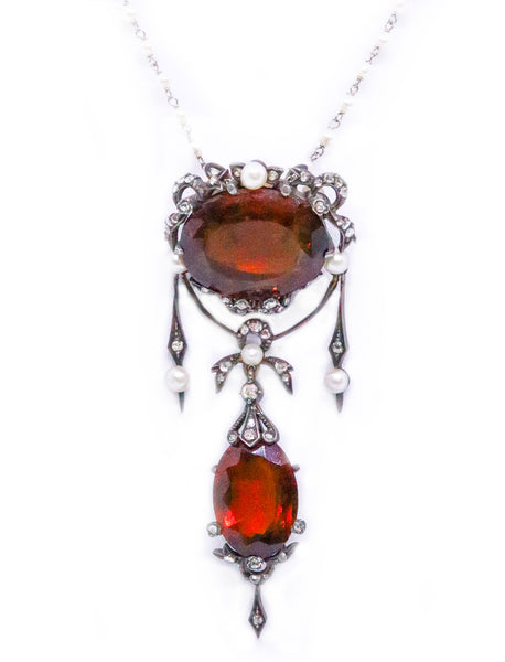 EDWARDIAN 18 KT GOLD AND SILVER BROOCH NECKLACE WITH MANDARIN CITRINE, DIAMONDS AND GENUINE PEARLS