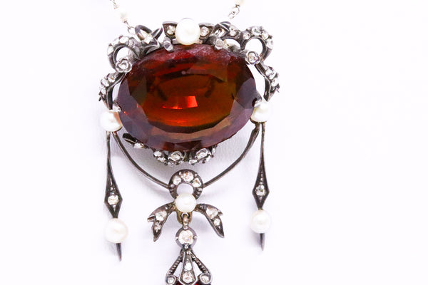 EDWARDIAN 18 KT GOLD AND SILVER BROOCH NECKLACE WITH MANDARIN CITRINE, DIAMONDS AND GENUINE PEARLS