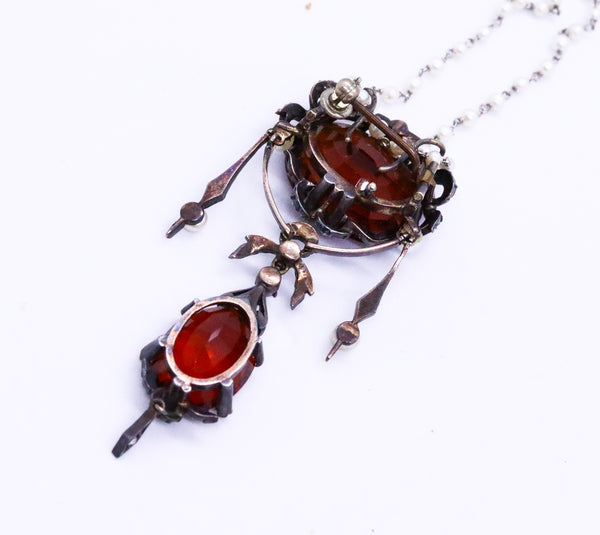 EDWARDIAN 18 KT GOLD AND SILVER BROOCH NECKLACE WITH MANDARIN CITRINE, DIAMONDS AND GENUINE PEARLS
