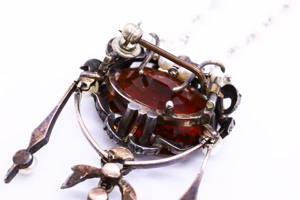 EDWARDIAN 18 KT GOLD AND SILVER BROOCH NECKLACE WITH MANDARIN CITRINE, DIAMONDS AND GENUINE PEARLS
