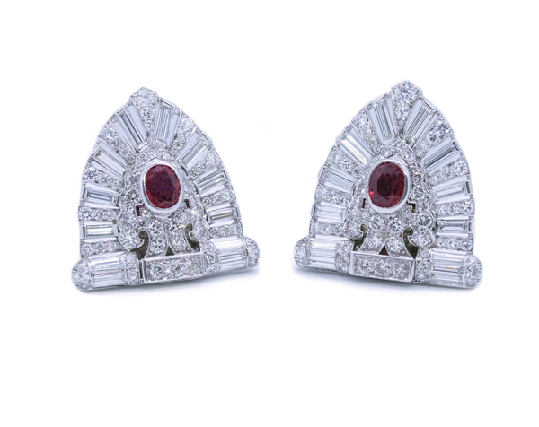 PLATINUM 1930 ART DECO 11.94 Ctw DIAMONDS AND RUBY EAR CLIPS