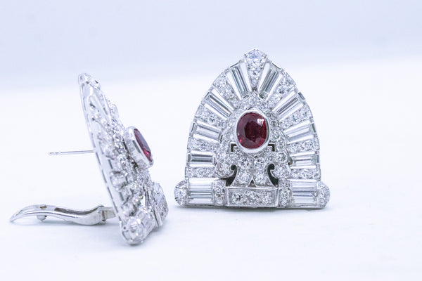 PLATINUM 1930 ART DECO 11.94 Ctw DIAMONDS AND RUBY EAR CLIPS