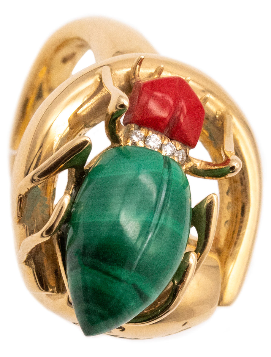 Gucci Milano 18Kt Yellow Gold Beetle Ring With Diamonds, Coral