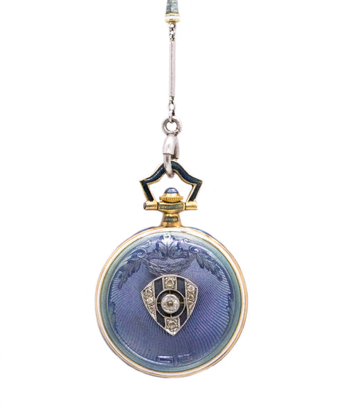 ART DECO MARCUS & Co. PLATINUM AND GOLD ENAMELED WATCH PENDANT LARIAT