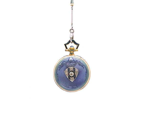 ART DECO MARCUS & Co. PLATINUM AND GOLD ENAMELED WATCH PENDANT LARIAT