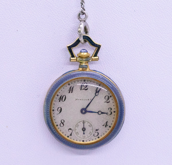 ART DECO MARCUS & Co. PLATINUM AND GOLD ENAMELED WATCH PENDANT LARIAT