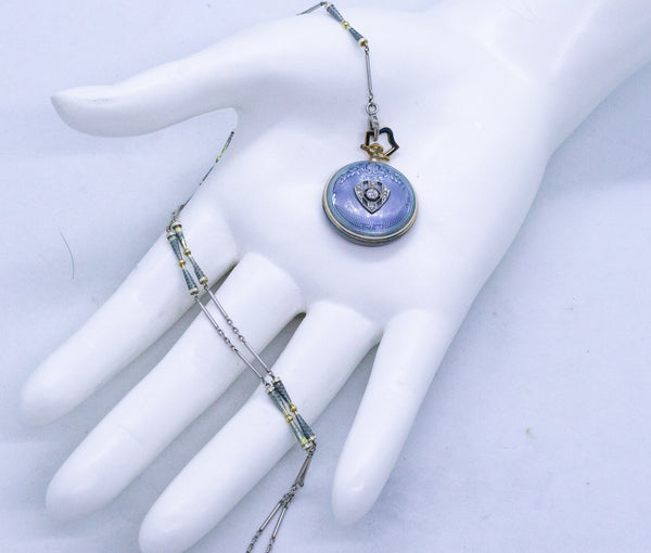 ART DECO MARCUS & Co. PLATINUM AND GOLD ENAMELED WATCH PENDANT LARIAT