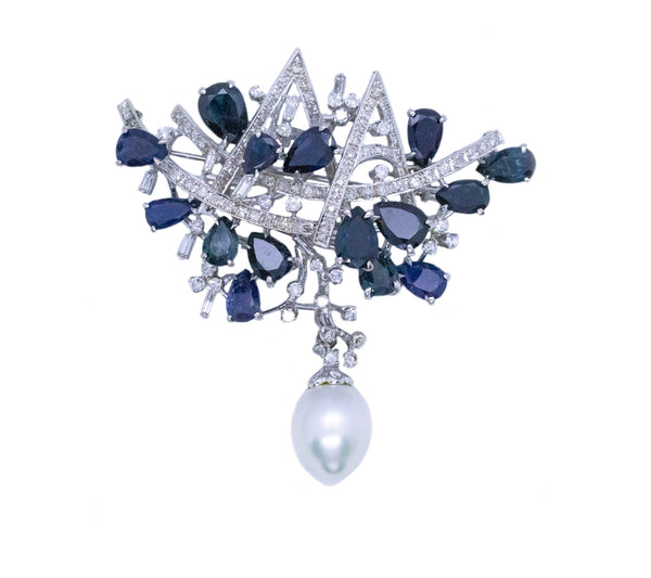RETRO 18 KT BROOCH PENDANT WITH 24.43 Cts OF DIAMONDS, SAPPHIRES AND SAUCI PEARL