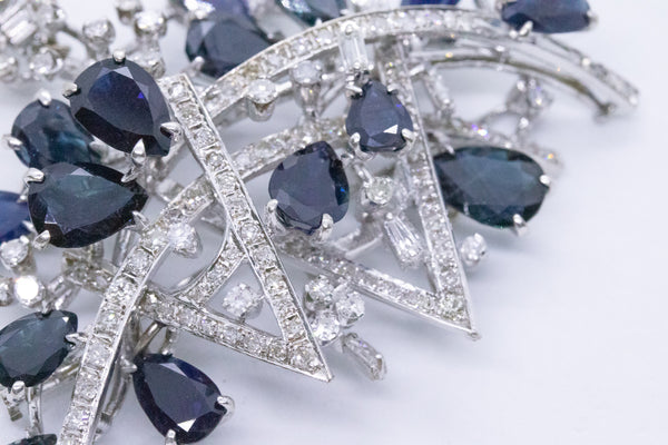 RETRO 18 KT BROOCH PENDANT WITH 24.43 Cts OF DIAMONDS, SAPPHIRES AND SAUCI PEARL